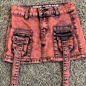 Red Denim Mini Skirt with Pockets